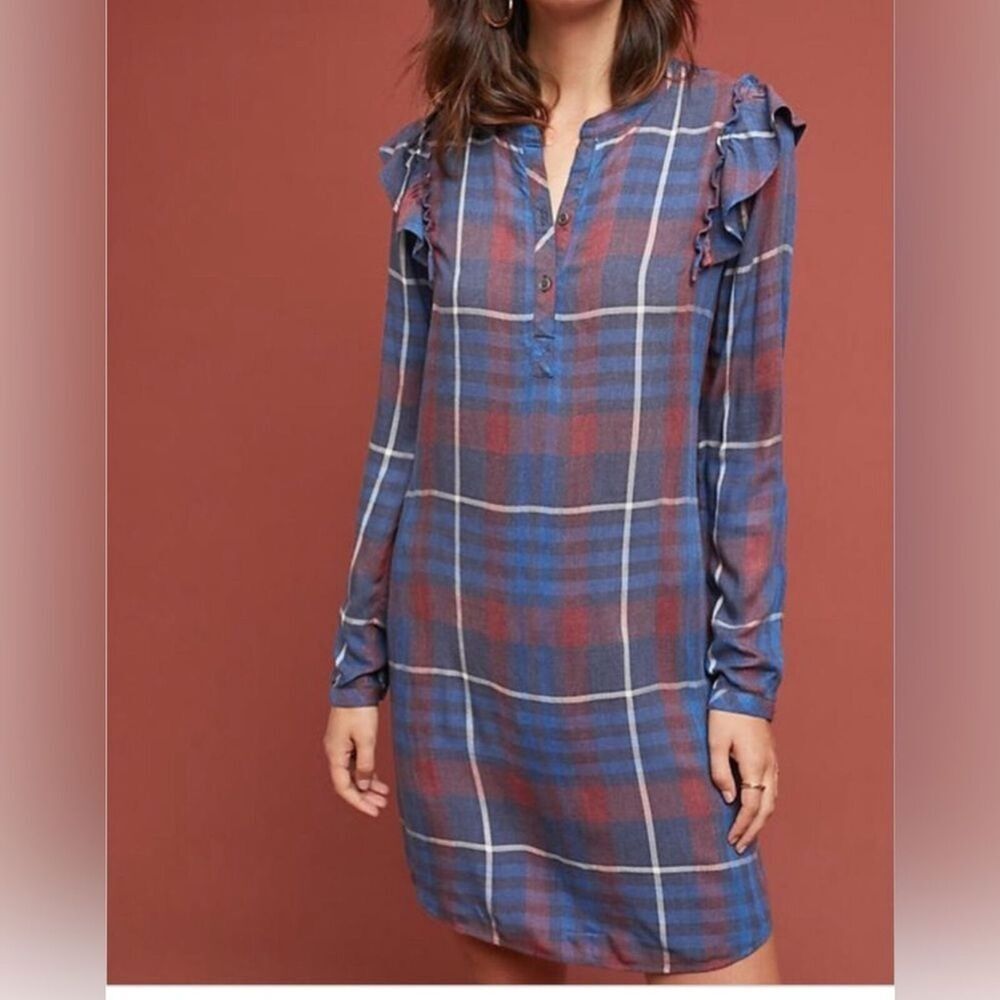 Anthropologie Cloth & Stone Long Sleeve Plaid Shirt Side Ruffle Dress Sz XS (554